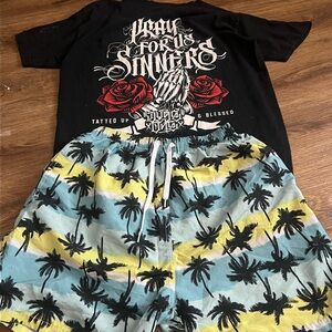 2 PIECES Black Graphic Tee and Palm Tree Shorts Set